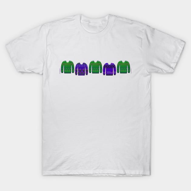 Ugly Christmas Sweaters in Purple and Green T-Shirt by Whoopsidoodle